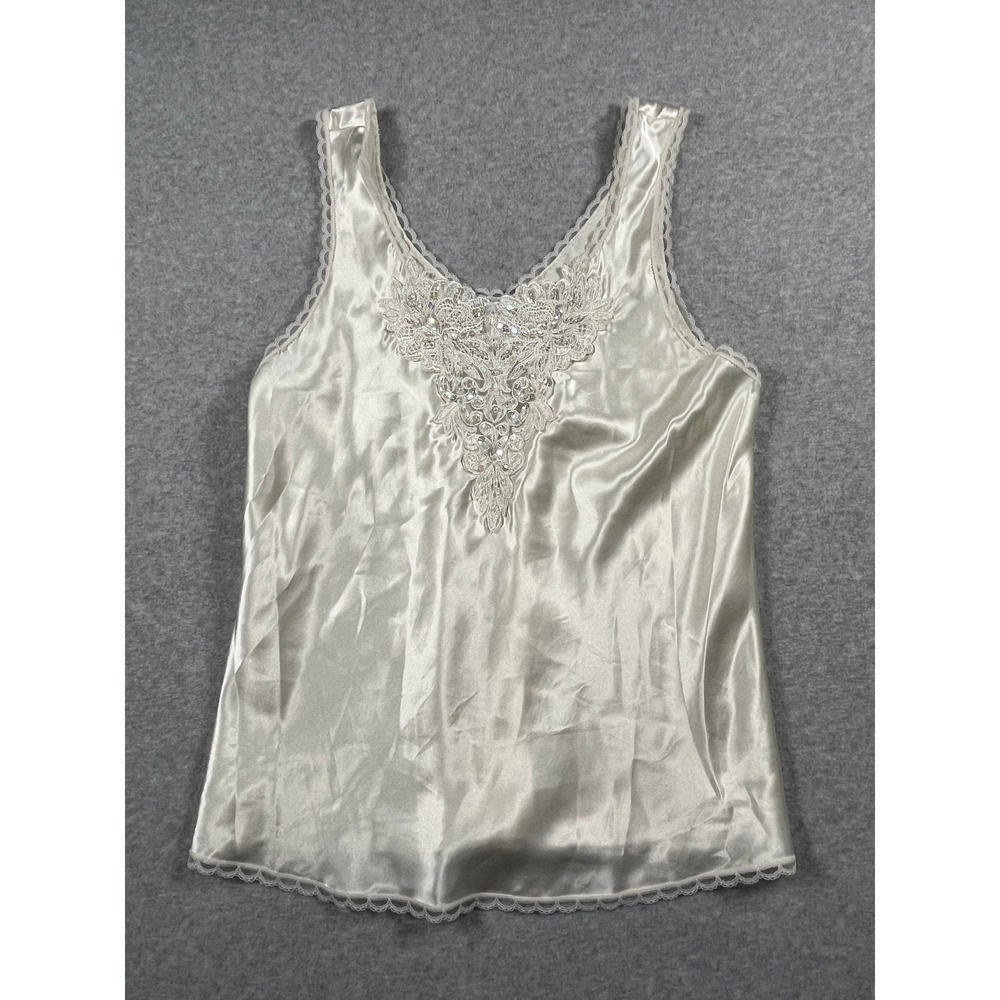 VTG Cami L Ivory Satin Lace Beaded Sequin Dainty Feminine Romantic Coquette